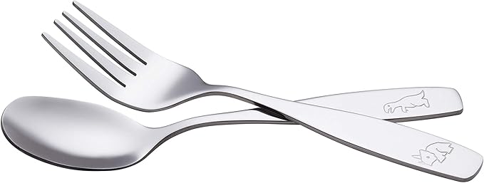 ANNOVA Kids Silverware 6 Pieces Children's Safe Flatware Set Stainless Steel - 3 x Children Forks, 3 x Tablespoons, Toddler Utensils, Metal Cutlery for Lunchbox (Engraved Dinosaurs) (6 Forks & Spoon)