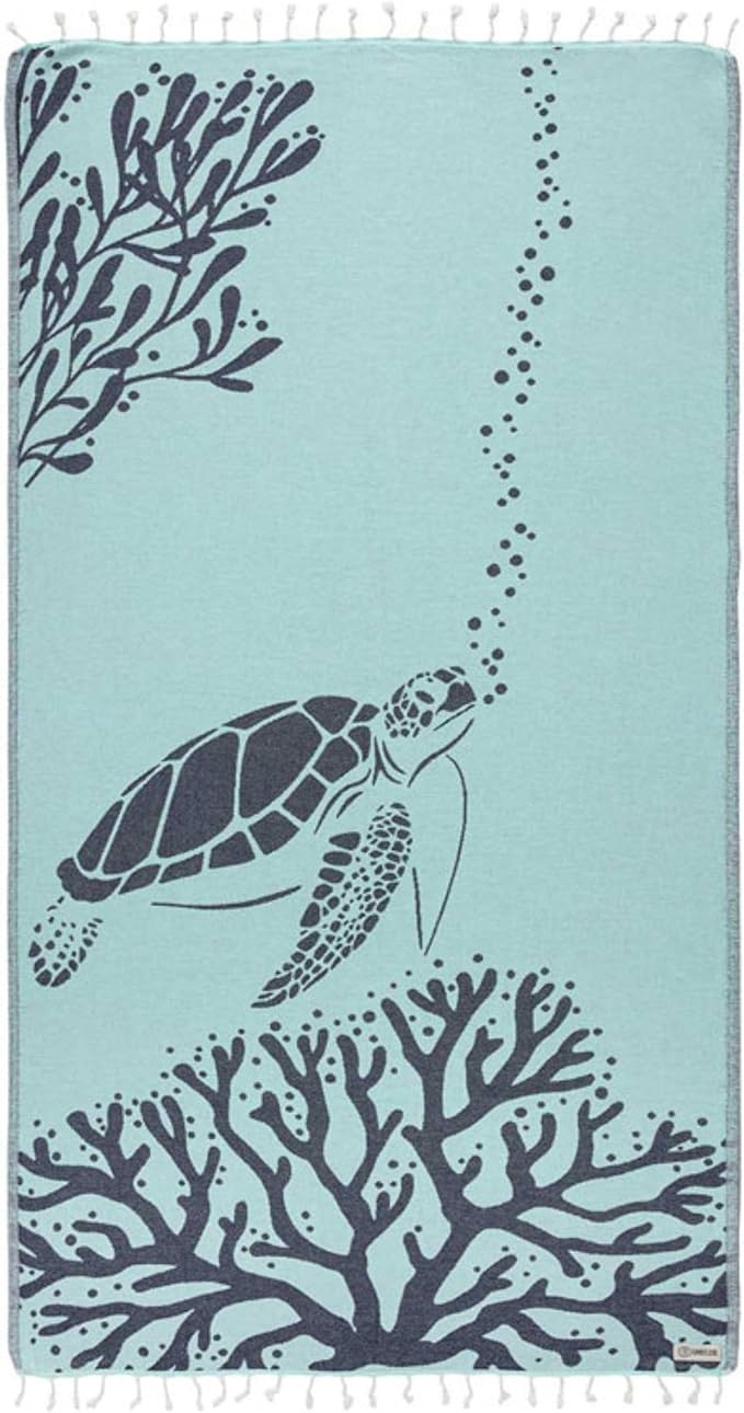 Sand Cloud Turkish Beach Towel - Sand Free - 100% Organic Turkish Cotton Yarn - Quick Dry Towel for Beach, Picnic, Blanket or Bath - As Seen on Shark Tank - Marine Life (Bubbles Turtle)