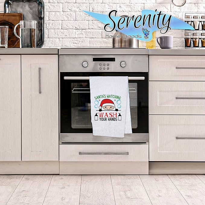 Santa's Watching Hand Towel - Funny Christmas Bathroom Decor - Wash Your Hands Design - 16x24 Inches - 100% Polyester