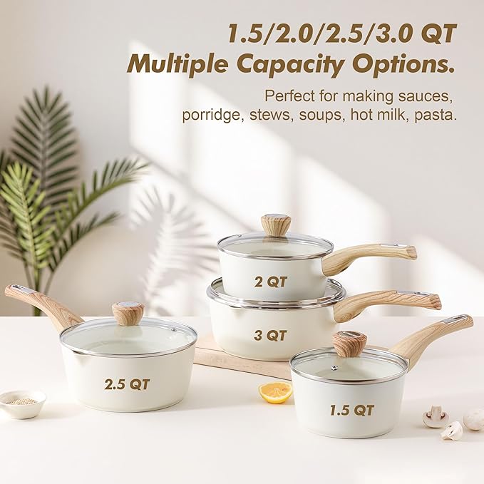 SENSARTE 1.5 & 2.5 Quart Ceramic Sauce Pan Sets with Lid, Cooking Pots Set, Nonstick Saucepan Set with Pour Spout, Small Kitchen Pot, Non toxic Saucepot, Induction Comptable, PFOA PTFE PFAS Free