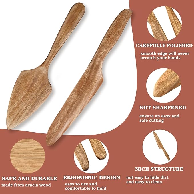 Norme Wedding Cake Knife and Server Set Rustic Wedding Cake Cutting Set, Wooden Cutter and Pie Server Spatula with Drawstring Bag for Bridal Reception Birthday Party Baby Shower