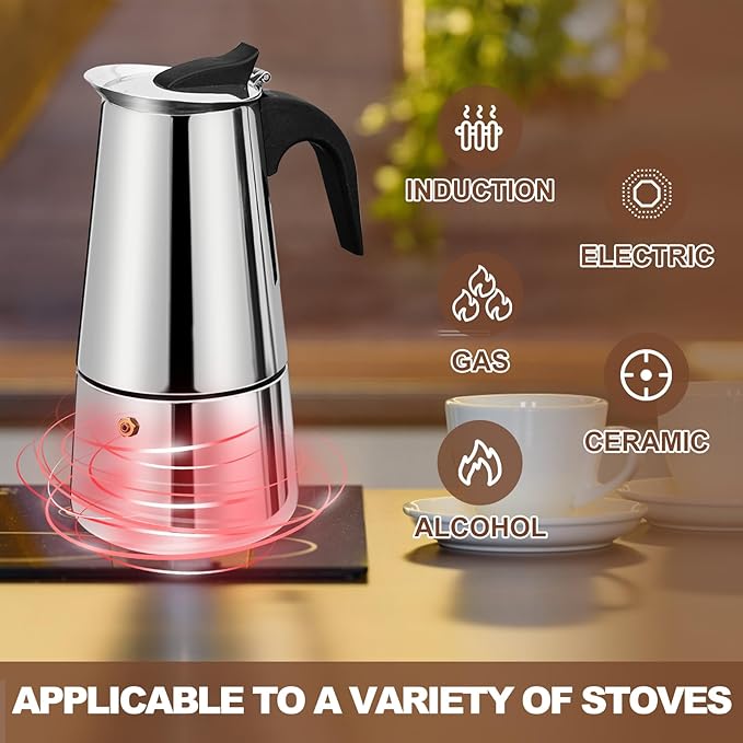 6 Cup Stovetop Espresso Maker Stainless Steel Moka Pot Stove Top Percolator Italian Coffee Makers Capable Mocha Greca Machine Cafe Classic Induction Cookers for Home and Camping 300ml 10oz