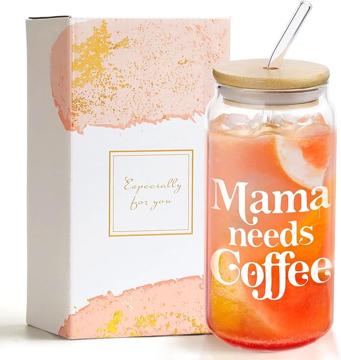Christmas Gifts for Mom, 16 Oz Coffee Can Glass Cups, Drinking Cup with Lid and Straw, Moms Gift from Daughter and Son, Christmas Mothers Day Birthday Present Ideas for Mother, New Moms, Mom To Be
