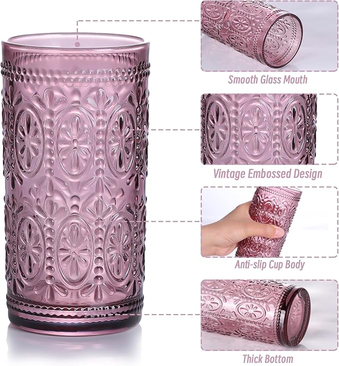 Purple Drinking Glasses Set of 4, Vintage Drinking Glasses, Colored Glassware Drinking, Highball Beverage Glasses Cup, Vintage Glassware Set for Water, Juice, Cocktail, Coffee