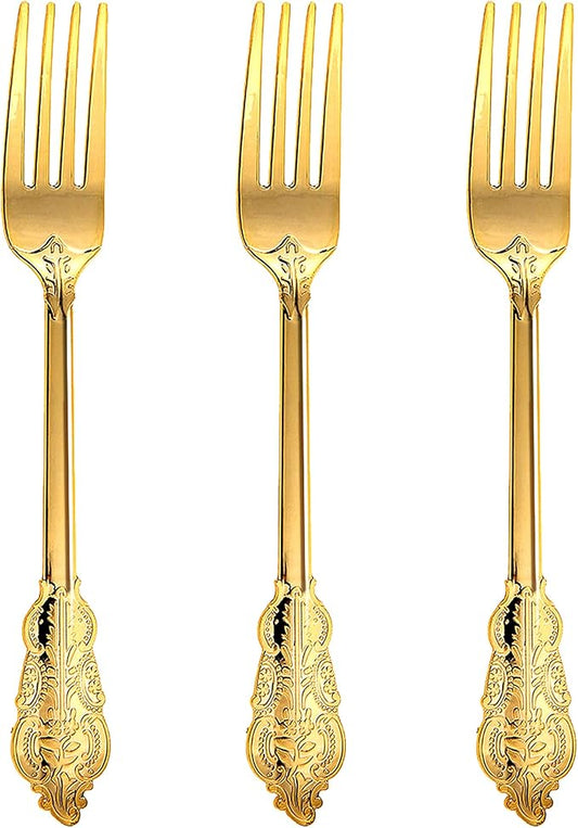 N9R 100PCS Gold Plastic Forks, 7.48inch Disposable Gold Plastic Silverware, Heavy Duty Plastic Forks for Parties, Weddings and Events