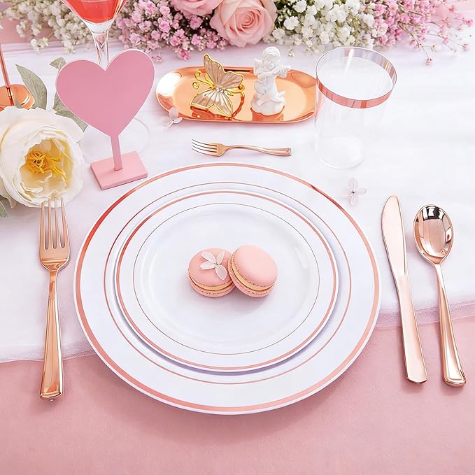 WDF160 Piece Rose Gold Disposable Cutlery Set - Heavyweight Plastic Silverware - Includes 80 Forks, 40 Spoons, 40 Knives - Rose Gold Silverware Perfect for Wedding, Party, Valentines Day