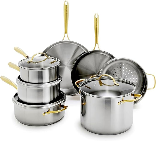 GreenPan Stainless Steel Cookware Set, 11 Piece, Induction Cookware, Dishwasher Safe, Oven Safe to 600F, Large 8QT Stock Pot, Sauce, Saute, Frying Pans, Pots & Pans Kitchen Essentials, Gold