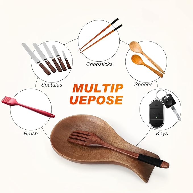 Patelai Acacia Wood Spoon Rest for Stove Top Bamboo Holder for Spatula Rest for Kitchen, Counter Spoon Holder for Countertop, Modern and Rustic for Farmhouse as Dining Table Decoration(Brown)