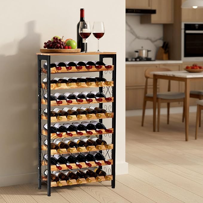 VEVOR 48 Bottle Wine Rack,8-Tier Wine Bottle Holder,Freestanding Floor Display Wine Storage Shelves with Wood Table Top,for Kitchen Pantry, Cellar, Bar, Dining Room, Living Room, Black