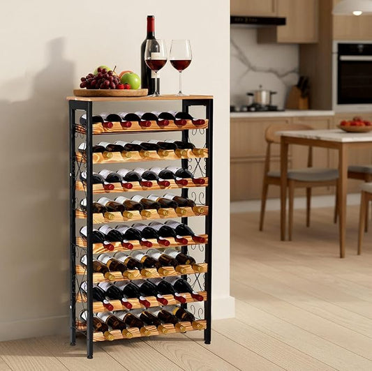 VEVOR 48 Bottle Wine Rack,8-Tier Wine Bottle Holder,Freestanding Floor Display Wine Storage Shelves with Wood Table Top,for Kitchen Pantry, Cellar, Bar, Dining Room, Living Room, Black