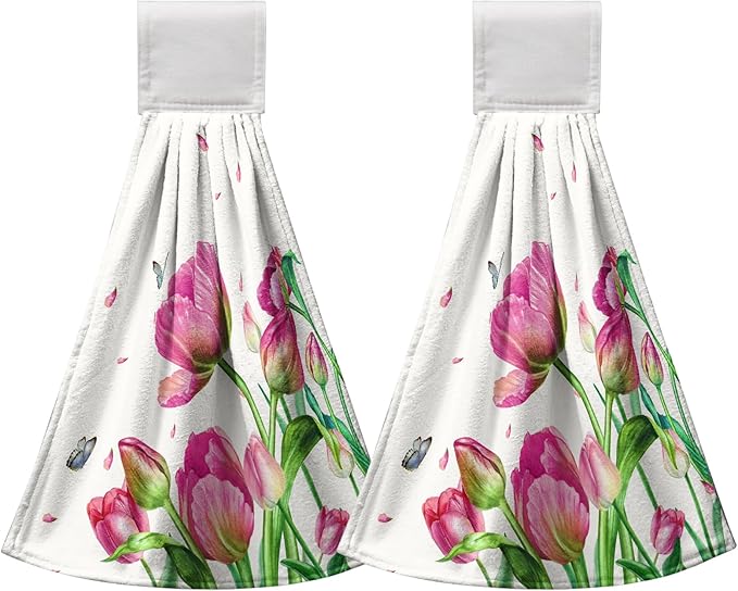 Pink Tulip Flower Hanging Kitchen Towels Spring Floral Hand Towels with Hanging Loop Set of 2 Decorative Summer Tea Towel Soft Absorbent Dish Tie Towels for Bathroom Kitchen 12x17 Inches