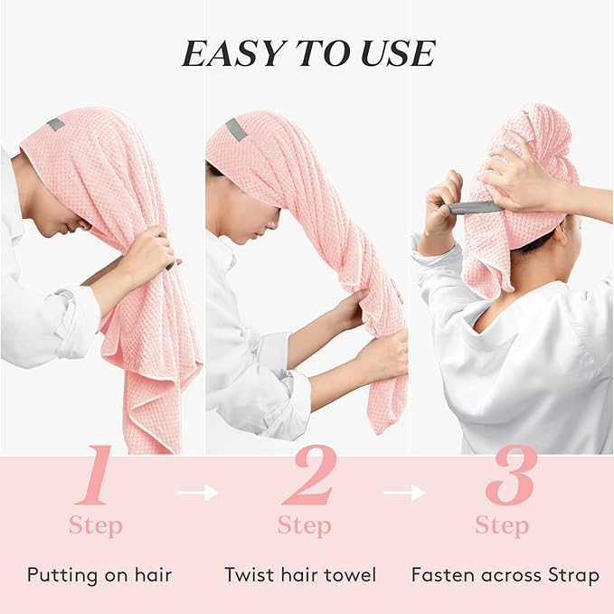 YFONG Large Hair Towel Wrap for Women, Super Absorbent Microfiber Hair Towel for Curly Hair, Fast Drying Hair Turbans with Elastic,Hair Drying Towel Wrap for Hair Care 26.3" X 40" (Pink)