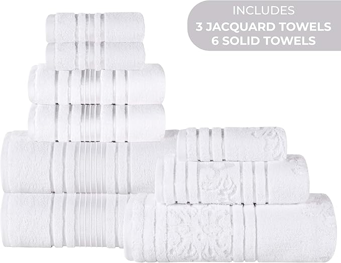 Superior Cotton 9 Piece Assorted Floral Towel Set, Includes 3 Bath, 3 Hand, 3 Washcloth/Face Towels, Quick Dry, Home Essentials, Shower, Spa, Luxury Plush Soft Absorbent Towels, Zero Twist, White