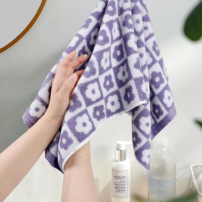 Jacquotha Cotton Hand Towels Lilac Checkered Floral - Quick Drying Hand Towel Set of 4, for Women Girls Bathroom Decor, 29” x 13”