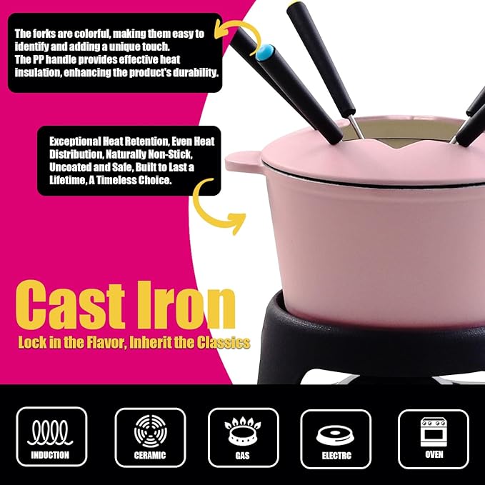 Artestia Cast Iron Cheese Fondue Pot Set for Chocolate Swiss Fondue Set Camping Fondue Set with 6 Fondue Forks, 11-Piece Cheese Fondue Set Serve 6 Persons (Pink)
