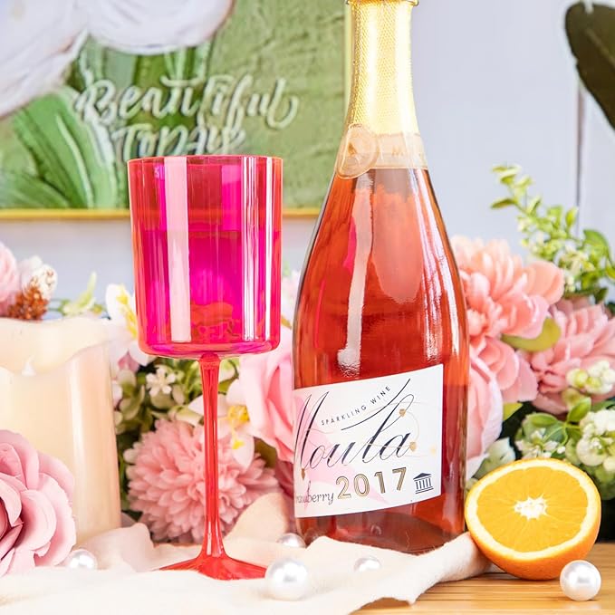 Ciaell 12 Pack Plastic Wine Glasses - 10Oz Hot Pink Plastic Wine Glasses With Stem - Disposable Stemmed Cups for Parties & Weddings