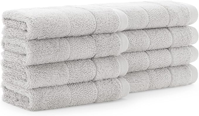 Aston & Arden Aegean Terry Wash Cloths - Set of 8 - Ringspun Turkish Cotton Thick and Soft Absorbent Luxury Hotel and Spa Bathroom Towel, 600 GSM, 13 x 13 in, Light Grey
