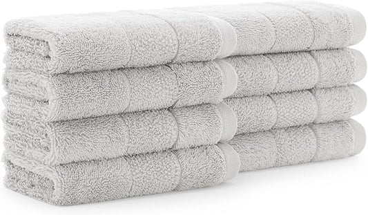 Aston & Arden Aegean Terry Wash Cloths - Set of 8 - Ringspun Turkish Cotton Thick and Soft Absorbent Luxury Hotel and Spa Bathroom Towel, 600 GSM, 13 x 13 in, Light Grey