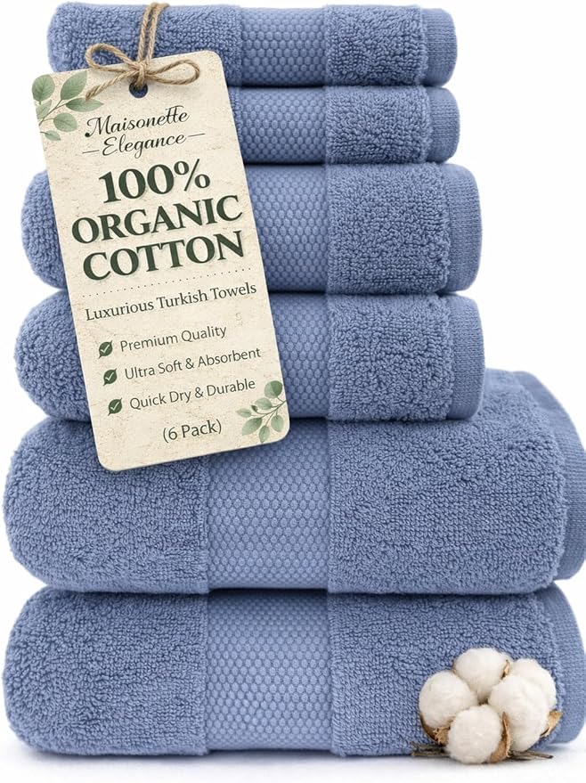 Maisonette Elegance 100% Organic Cotton Turkish Bathroom Towels Set, Ideal Quick Dry Luxury Washcloths, Hand & Large Bath Towels for Shower (6 Pack), Dark Blue (Mineral)