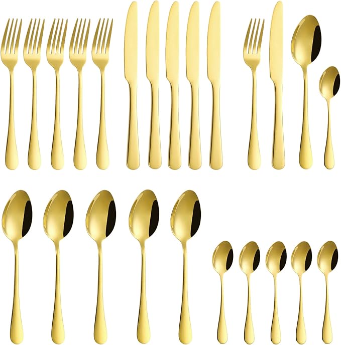 24 pcs Flatware Set, Gold Stainless Steel Flatware Set for 6, Knife Fork Spoon, Home Dinnerware Tableware Set for 6, Cutlery Set, Include Knives/Forks/Spoons