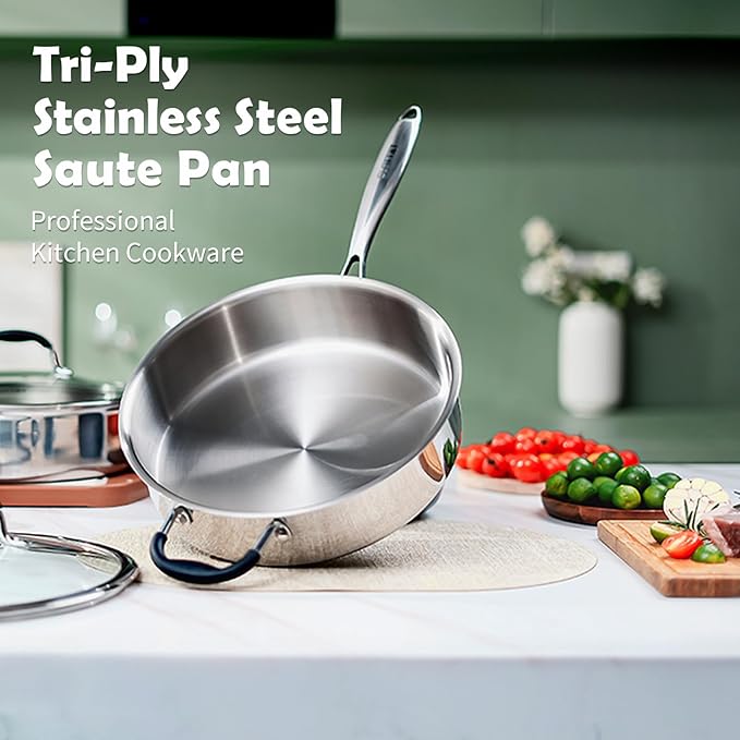 Tri-Ply Stainless Steel Saute Pan with Lid, 5 Quart Deep Sauté Pan with Stay Cool Handle,11.5 Inch Frying Pan,Dishwasher and Oven Safe,Induction Stainless Steel Cookware