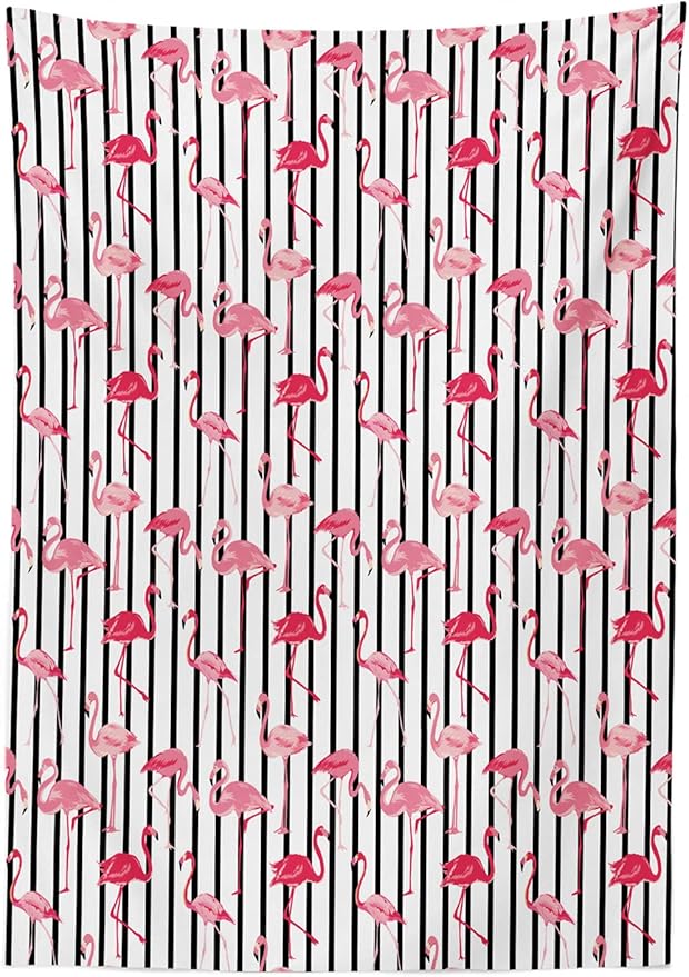 Ambesonne Flamingo Tablecloth, Flamingo Birds Pattern on Vertical Striped Background Tropical Garden Wild Nature, Rectangular Table Cover for Dining Room Kitchen Decor, 60" X 90", Black Pink