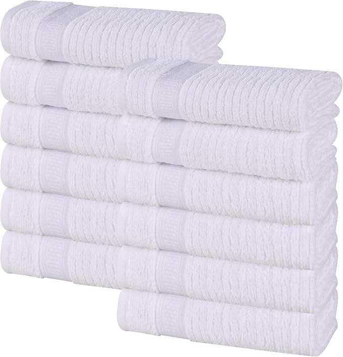 Superior Cotton Face Towel/Washcloth Set, Zero Twist, Ribbed Geometric, Small Facial Towels, Spa, Hotel, Guest, Home, Bathroom Basics, Plush Soft Absorbent, Luxury Quick Drying, Set of 12, White