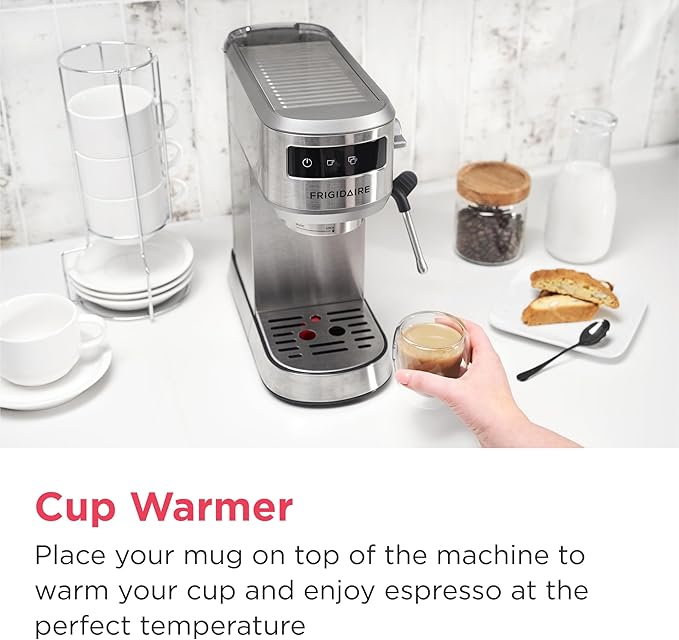 Frigidaire Steam Espresso Maker, Coffee Machine with Milk Frother & Cup Warmer, 20 Bar Pressure, 34 oz Removable Water Tank, Single or Double Shot, Stainless Steel