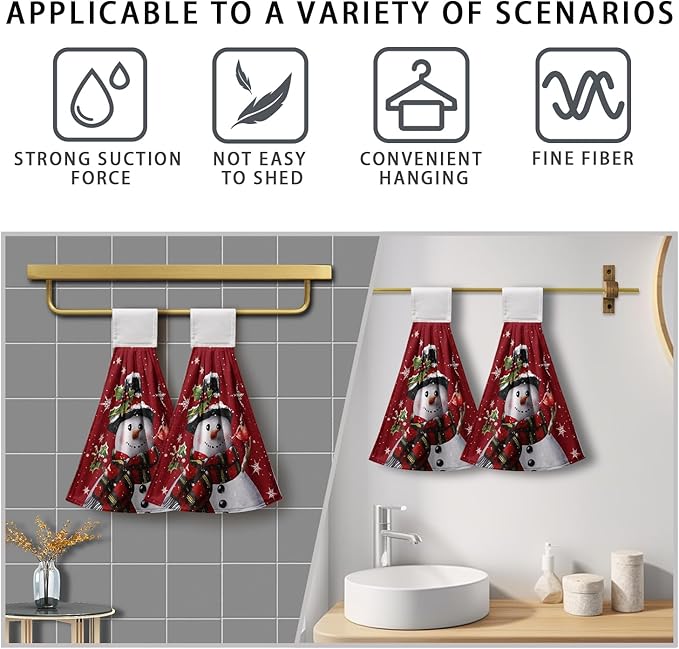 Snowman Xmas Hanging Kitchen Towels Winter Holiday Dish Towel with Hanging Loops Christma Hand Tie Towels Soft Absorbent for Bathroom Home Tabletop Decor 12x17 Inch Set of 2