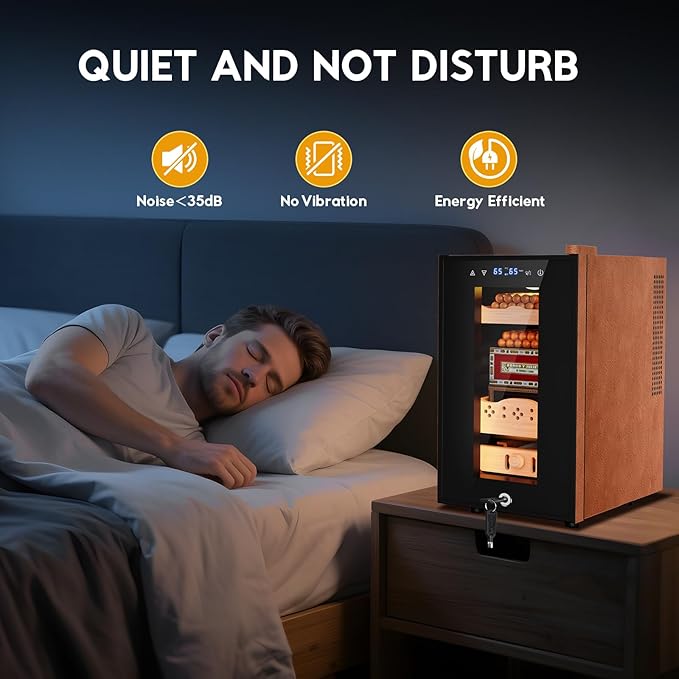 Tylza Leather Trim Cigar Humidor, 25L Cigar Humidor Cabinet with Auto Humidity & Temp Control, 220 Counts, 3 LED Lights, Spanish Cedar Wood, Cigar Humidors with Safety Lock, Gifts for Men