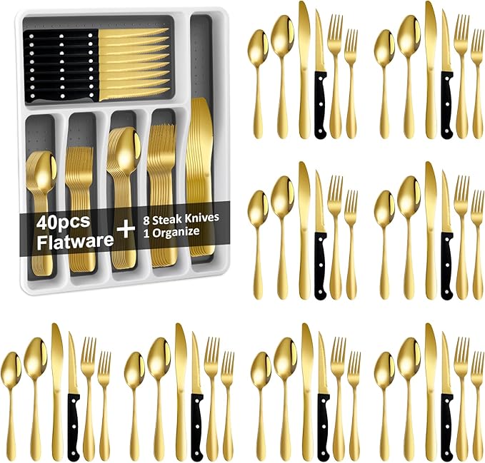 49Pcs Silverware Set with Organizer, Silver Stainless Steel Flatware Set for 8 Cutlery Utensil Sets with Steak Knives, Spoons and Forks Set, Dishwasher Safe