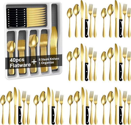 49Pcs Silverware Set with Organizer, Silver Stainless Steel Flatware Set for 8 Cutlery Utensil Sets with Steak Knives, Spoons and Forks Set, Dishwasher Safe