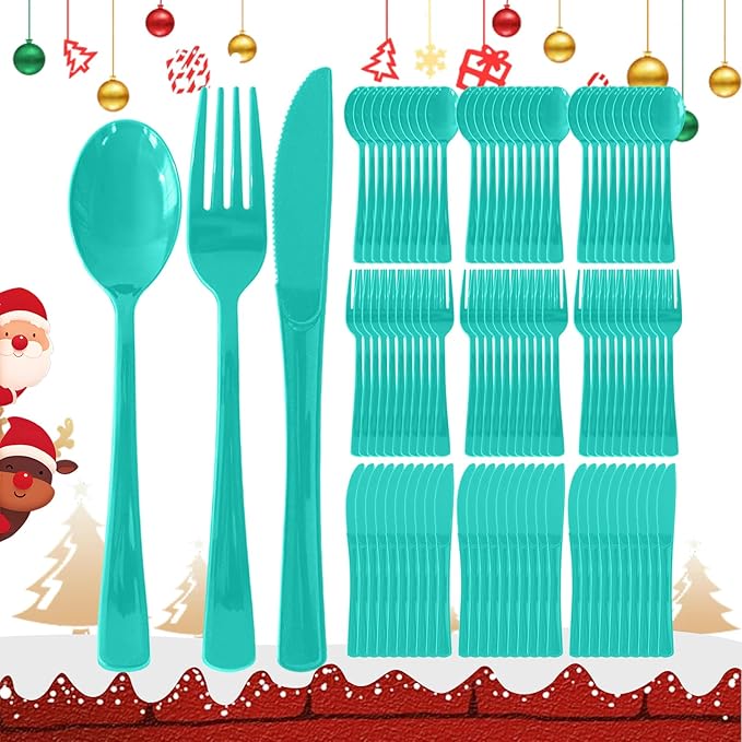 150 Pack Disposable Plastic Silverware, Heavy Duty Light Green Plastic Cutlery Set Includes 50 Forks 50 Knives 50 Spoons for Birthday Wedding Party Picnics (150, Light Green)