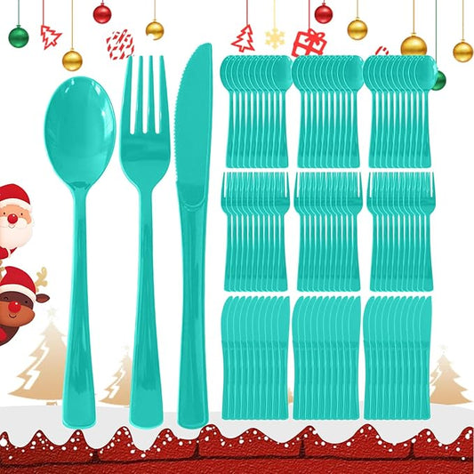300 Pack Disposable Plastic Silverware, Heavy Duty Light Green Plastic Cutlery Set Includes 100 Forks 100 Knives 100 Spoons for Birthday Wedding Party Picnics (300, Light Green)