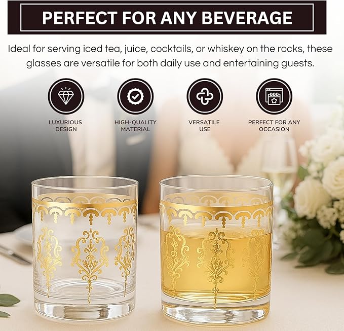 Khen Clear Moroccan Tumbler Glassware | Set of 2 | Gold Ornate Vintage Decorative Drinking Cups, Retro Bohemian Pattern Barware for Water, Whiskey, Cocktail, Iced Tea, Durable Embossed Home Drinkware