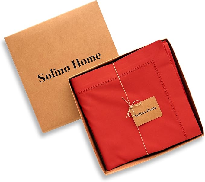 Solino Home Cotton Linen Tablecloth 58 x 84 Inch - Hemstitch Poppy Red Table Cloth for Rectangle Tables - Machine Washable Tablecloth for Valentines, New Year