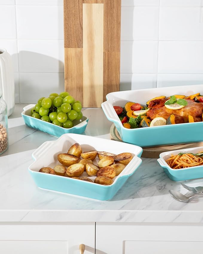 Sweejar Ceramic Bakeware Set of 4, Casserole Dishes for Oven, Rectangular Baking Dish with Handles, Lasagna Pans Deep for Cooking, Gratin, Roasting, Banquet and Daily Use (Turquoise)