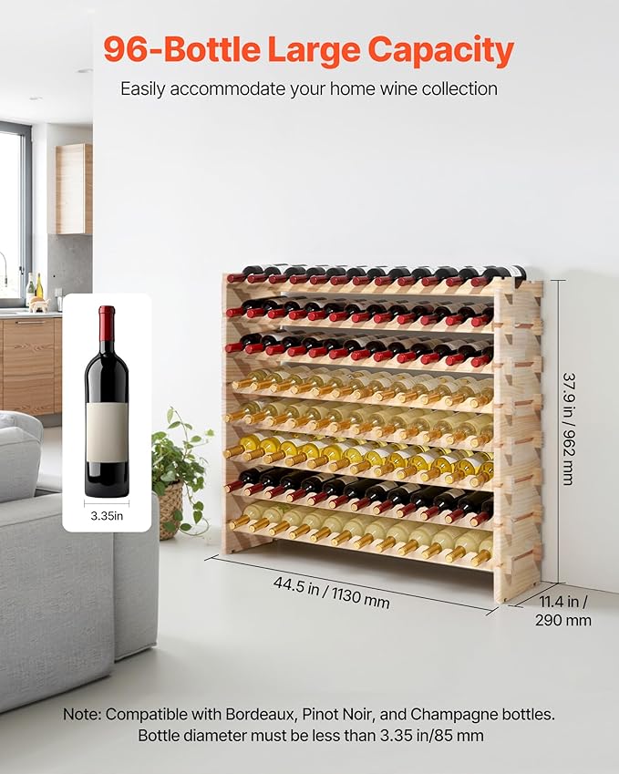 VEVOR 96 Bottle Stackable Modular Wine Rack, 8-Tier Wine Bottle Holder,Solid Wood Floor Freestanding Wine Storage Rack for Pinot Noir Bottles,for Kitchen, Cellar, and Bar, Natural