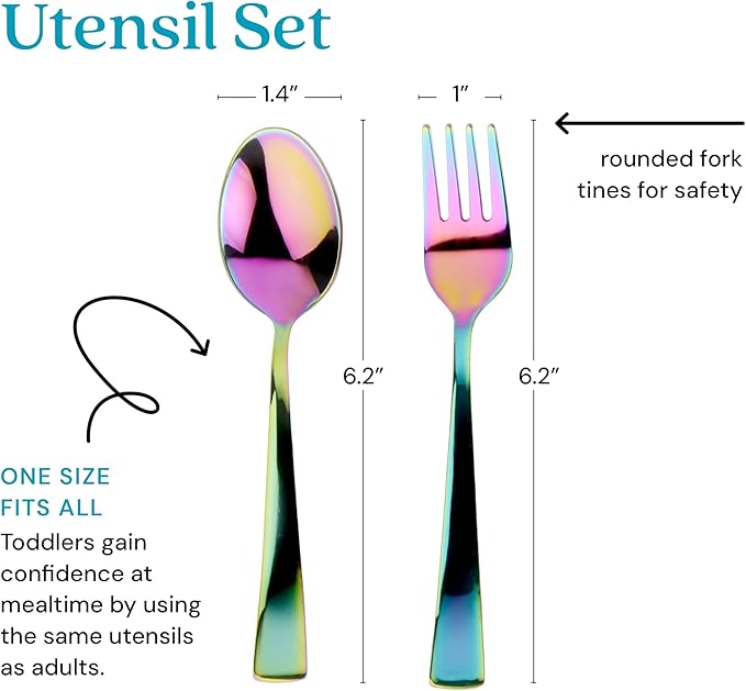 Ahimsa Stainless Steel Kids Utensils - 8 Pieces Kids Fork and Spoon Set, Pediatrician Designed Rainbow Silverware Set, 100% BPA Free & Dishwasher Safe (Rainbow)