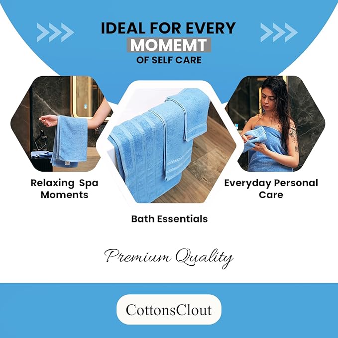 Sky Blue Towel Set, Pack of 6 – 100% Ringspun Cotton, Soft, Quick-Dry & Highly Absorbent | 2 Bath Towels, 2 Hand Towels & 2 Face Towels for Bathroom & Guest Use