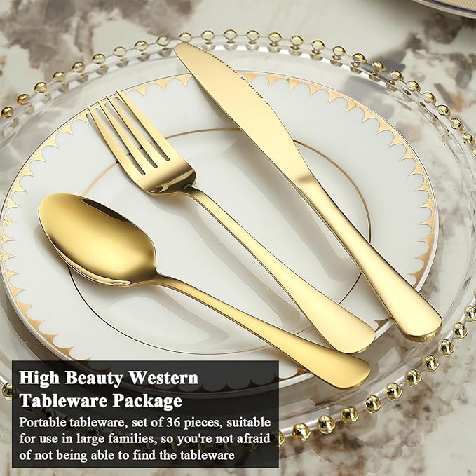 Gold Silverware Set 36 Pieces Service for 12, Stainless Steel Titanium Gold Flatware Set include Knives Spoon Forks Set, Silverware Set, Serving Utensil Set