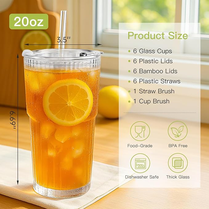 Ruckae 20oz Glass Bottles with Lids,Glass Cups with Lids and Straws,Water Bottle Drinking Glasses for Coffee,Smoothies,Tea,Juice (6, Transparent)