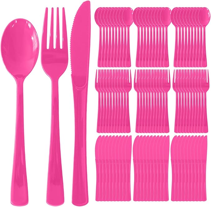 150 Pack Disposable Plastic Silverware, Heavy Duty Hot Pink Plastic Cutlery Set Includes 50 Forks 50 Knives 50 Spoons for Birthday Wedding Party Picnics (150, Hot Pink)