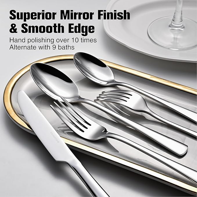 KINGSTONE Silverware Set for 8, 45-Piece Forged 18/10 Stainless Steel Flatware Set with Serving Utensils, Mirror Finish Cutlery Set Dishwasher Safe for Home, Restaurant, Wedding, Party