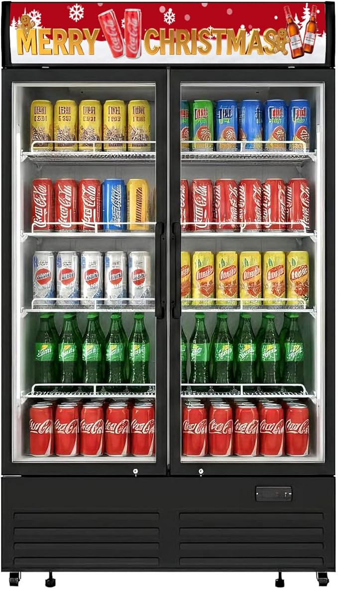 26 cu.ft Commercial Refrigerators with 2 Glass Door, Beverage Fridge with LED Light Display Upright Merchandiser, Drink Cooler with 8 Adjustable Shelves Black ETL Approved