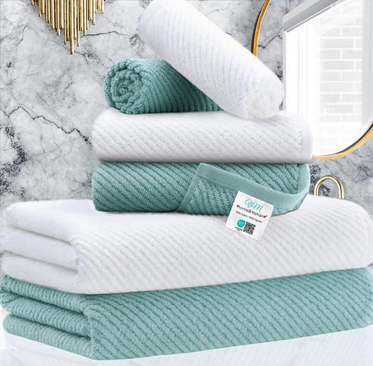 VOOVA & MOVAS Towels for Bathroom - 100% Cotton | Soft | Quick Dry | Thick, Towel Set of 6, 2 Large Bath 30"x56",2 Hand 18"x28", 2 Washcloths 13"x13", Bathroom Essentials, Aqua Teal and White