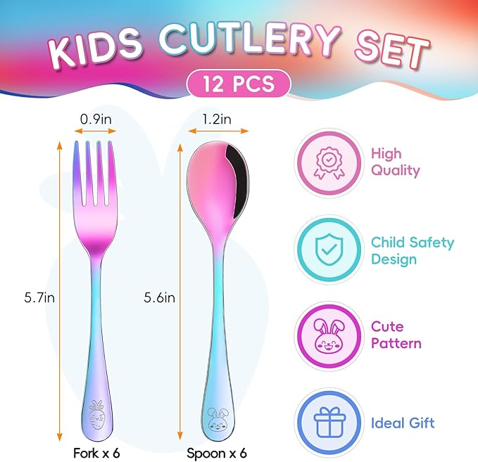 12 Pieces Stainless Steel Rainbow Toddler Utensils Set - Food Grade Kids Silverware Set Children Safe Small Forks and Spoons Mirror Polished Sturdy and Durable Dishwasher Safe