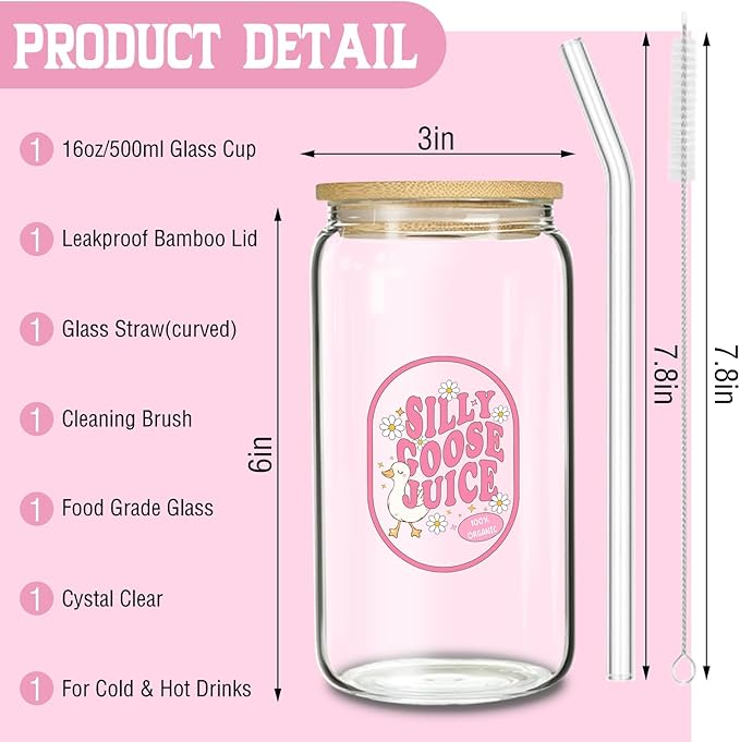 Cute Silly Goose Glass Cup Gifts, Pink Glass Tumbler Set with Straw, Cleaning Brush in Gift Box - Ideal Aesthetic Coffee Bar - Present for Women Friends - 16 Oz