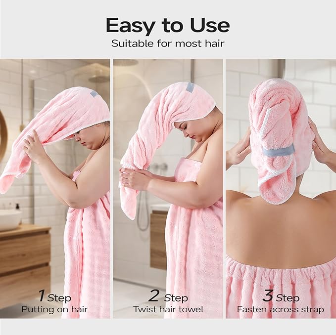 REDKISS Pink Towel Wrap for Women, XL Spa Shower Wrap with Hair Towel, Super Absorbent Bath Towels Robe for Body, Adjustable Microfiber Plush Bathrobe for Girls, Warmth Velcro Plus Size Wraps Towels