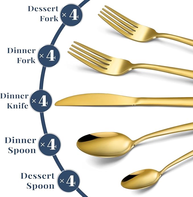 Gold Silverware Set - 20PCS Stainless Steel Silverware Set for 4, Includes Forks Spoons and Knives, Utensil Sets for Home Kitchen Restaurant, Dishwasher Safe